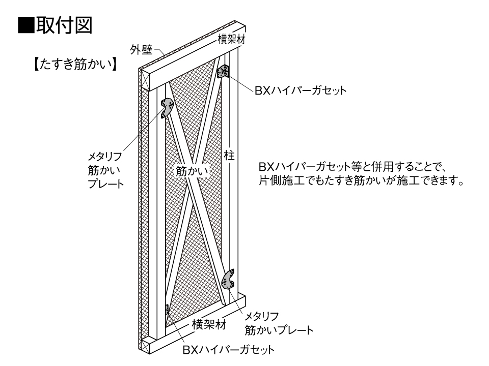 メタリフ筋かいプレート取付図たすき筋かい