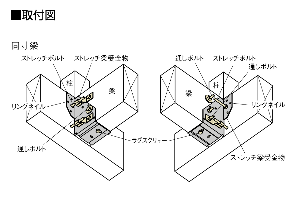 ストレッチ梁受金物同寸梁取付図