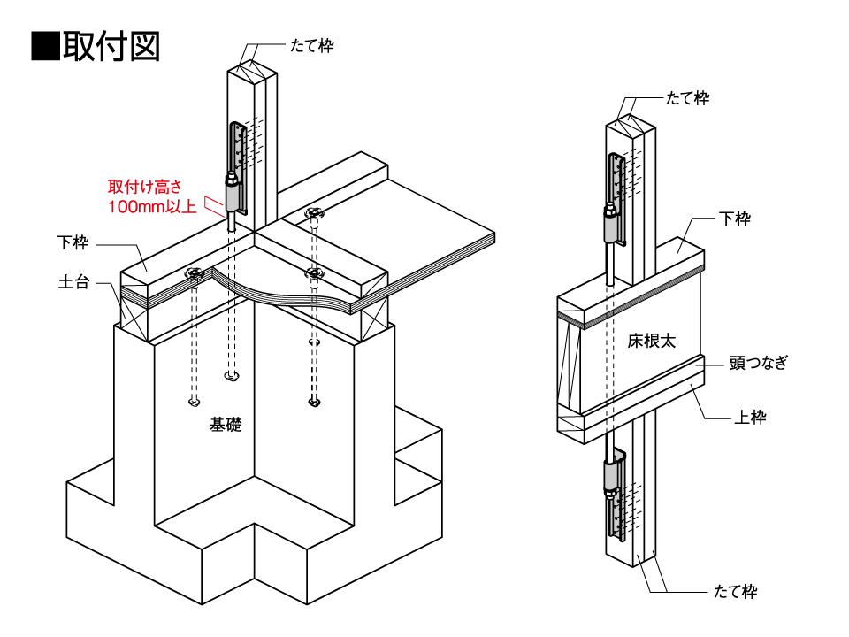 〔2×4用〕フレックスホールダウン取付図