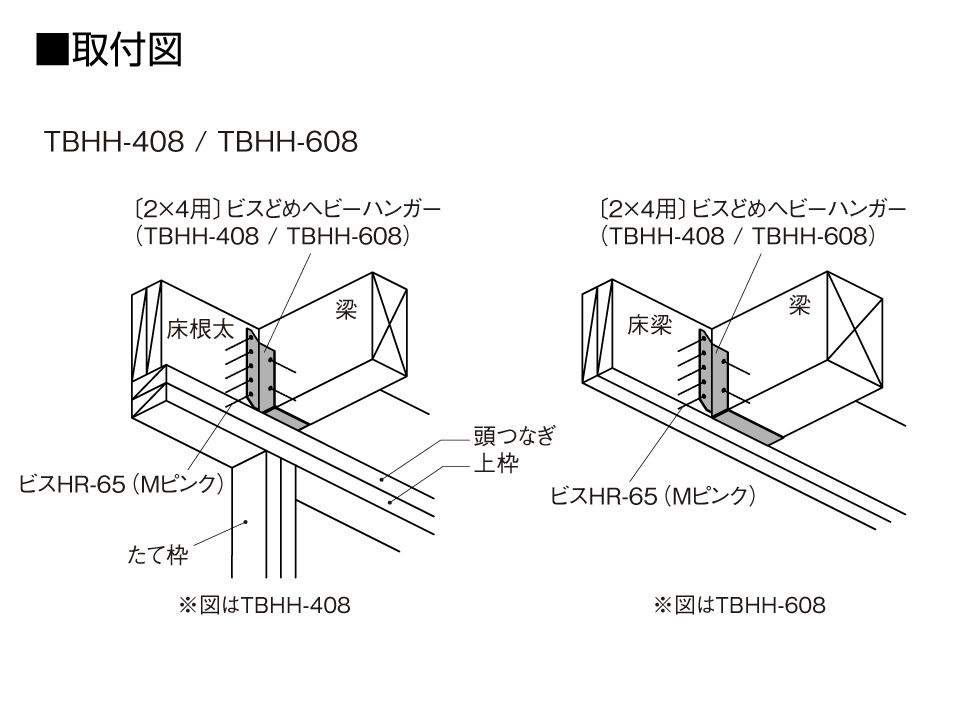 〔2×4用〕ビスどめヘビーハンガー取付図_TBHH-408_TBHH-608