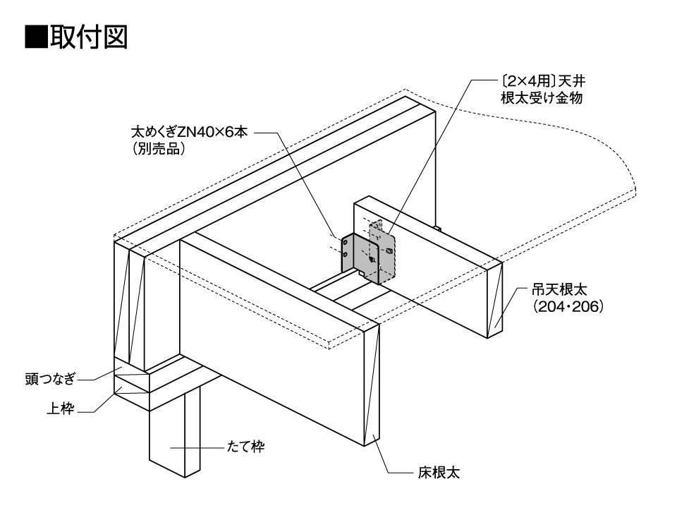 〔2×4用〕天井根太受け金物取付図