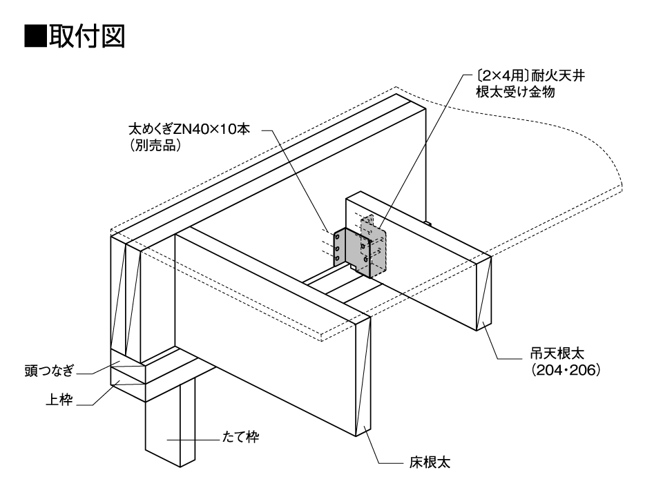 〔2×4用〕耐火天井根太受け金物取付図