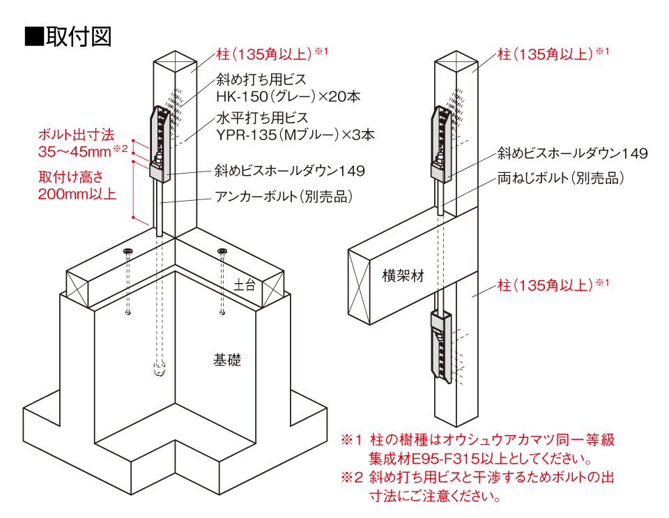 斜め45度のビス打ちで引張耐力149kNを実現「斜めビスホールダウン149