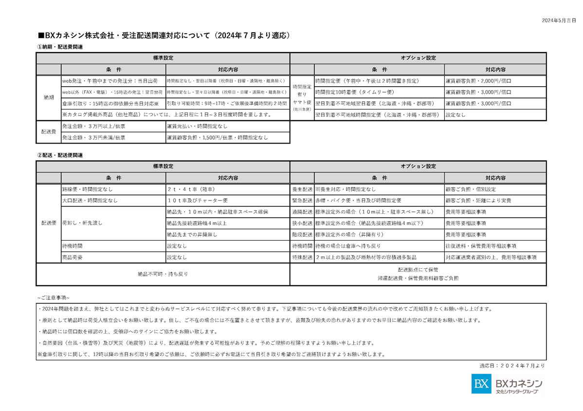BXカネシン株式会社・受注配送関連対応について（2024年７月より適応）