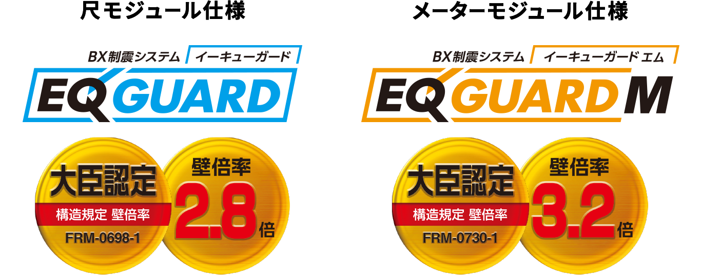 尺モジュール仕様 BX制震システム EQ GUARD  イーキューガード 大臣認定 構造規定 壁倍率 FRM-0698 壁倍率2.8倍 メーターモジュール仕様 BX制震システム EQ GUARD M イーキューガードエム 大臣認定 構造規定 壁倍率 FRM-0730 壁倍率3.2倍